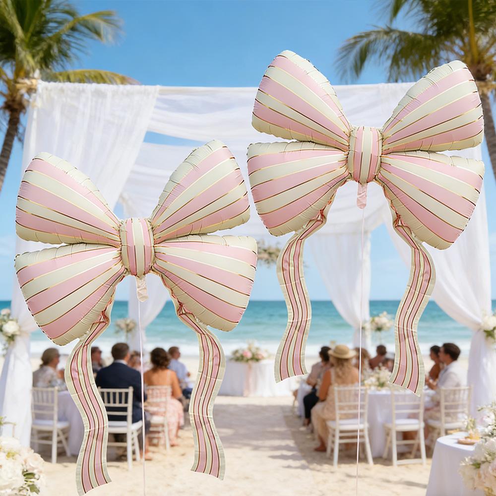 60-Inch Giant Striped Bowknot Foil Balloon, Helium-Supported Large Ribbon Mylar Balloon, Aesthetic Matte Pink Bow Shape Decorations