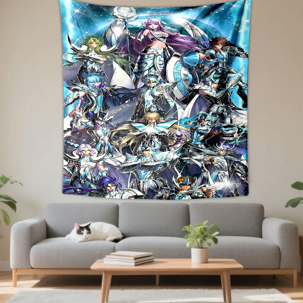 Saint Seiya Silver Blue Saints Athena Group Wall Tapestry Cyan Cosmic Anime Art Decor for Bedroom Dorm Gift