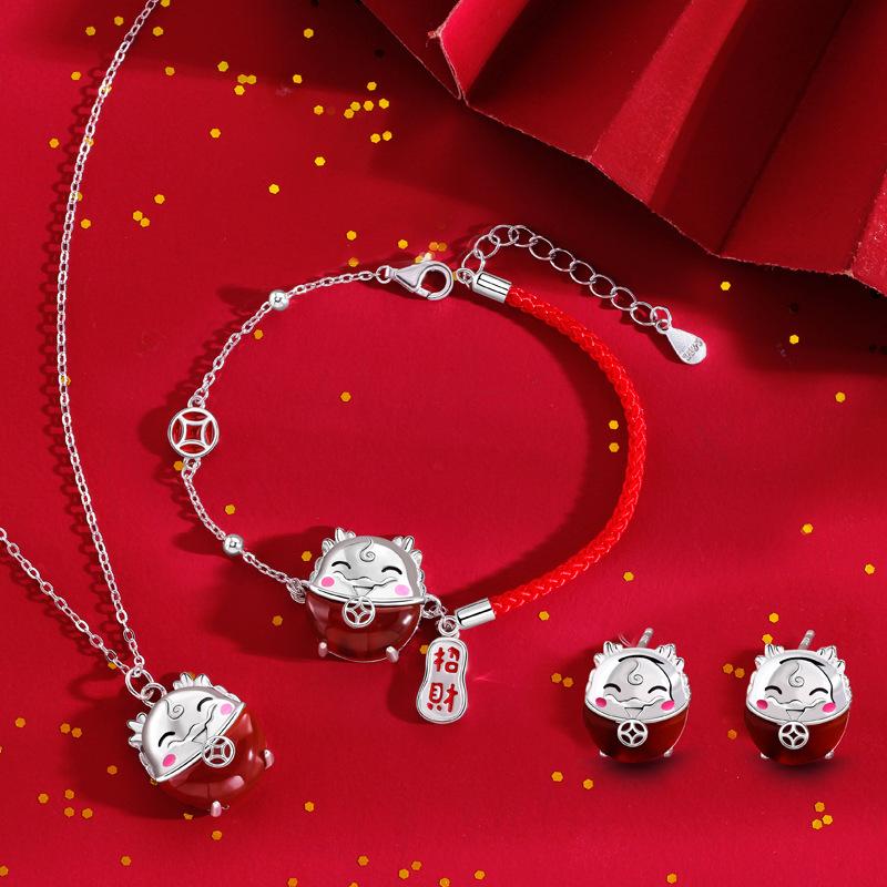 Original Lucky Chenlong Earrings Women's Guochao National Style Birthday Year Red Agate Earrings Women