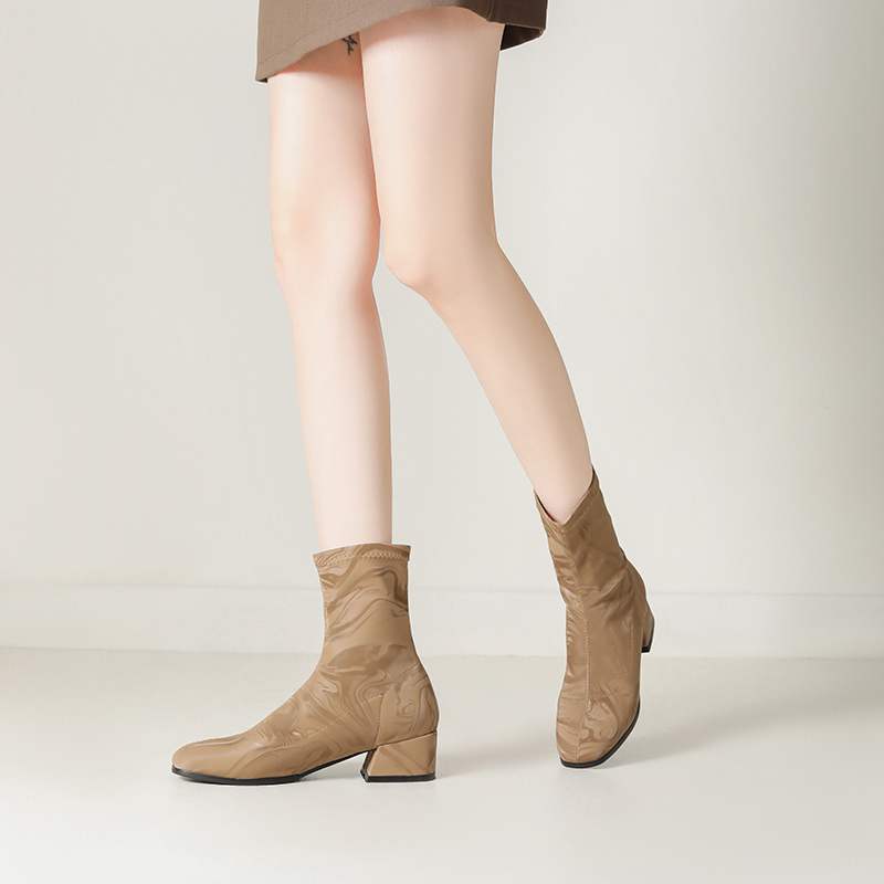 lenkisen PU Autumn Winter Shoes Thick Med Heels Printing Oriental Design Chelsea Boots Keep Warm Patterens Leather Ankle Boots