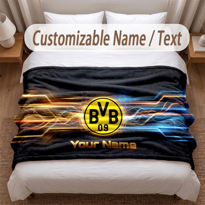 Borussia Dortmund Printed Flannel Blanket Custom Name Text Soft Warm Throw For Bedroom Holiday Gift