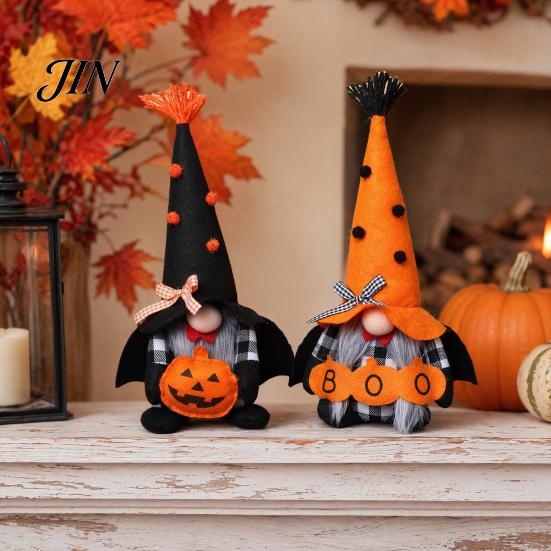 Decorative Gnome Toys Halloween Plush Decoration, Spooky Orange Black Boo Pumpkin Swedish Tomte Seasonal Table Accents Figurine, Elf Dwarf Ornaments