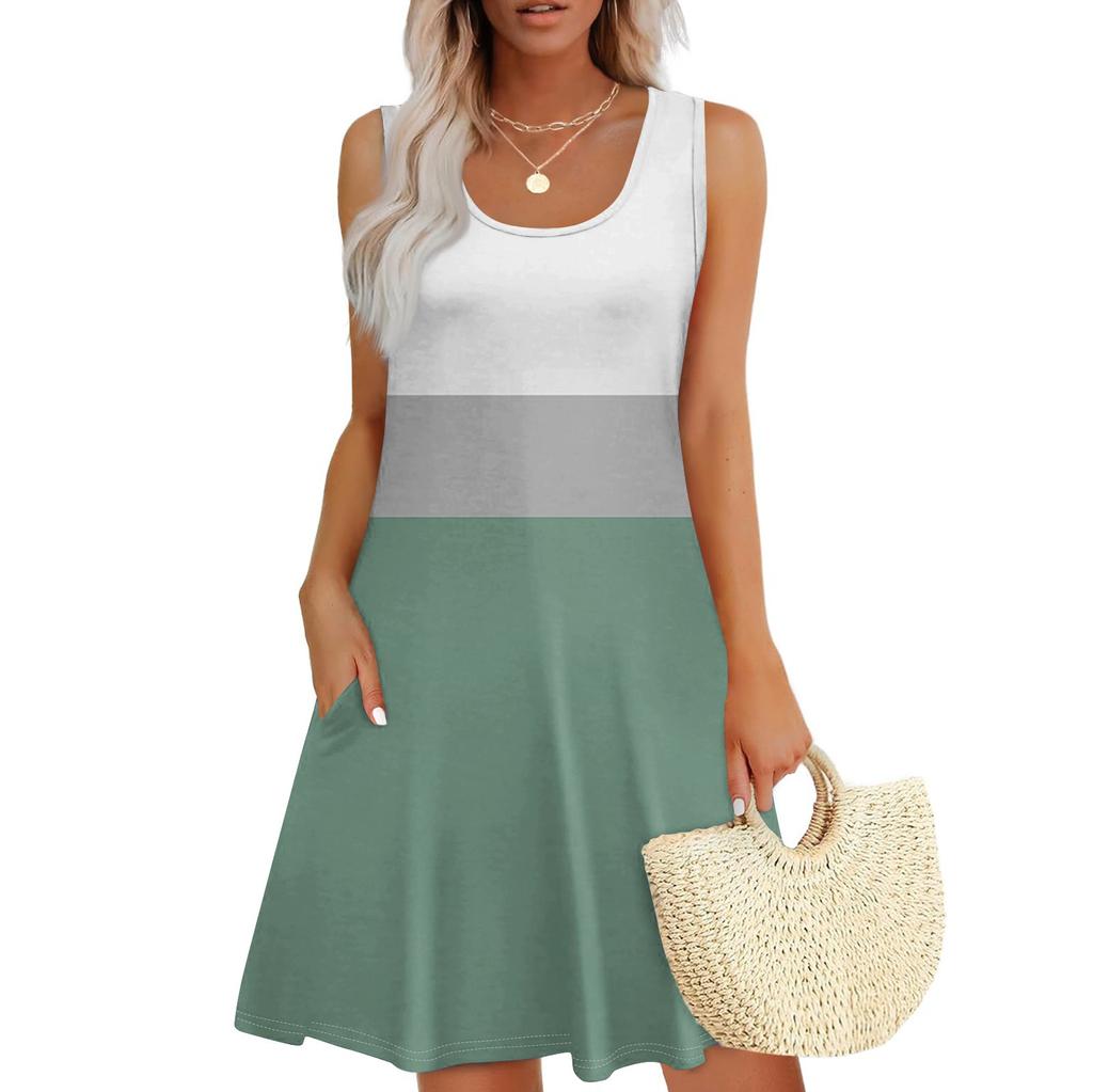 Женское летнее повседневное платье с квадратным вырезом и принтом в стиле пэчворк, платье без рукавов с карманами