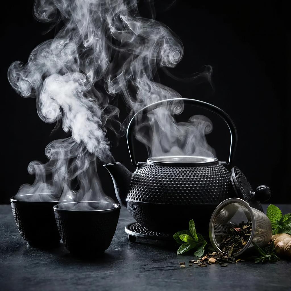 CAST IRON KETTLE 0.8L TEAPOT SET 2x CUPS STAND BLACK