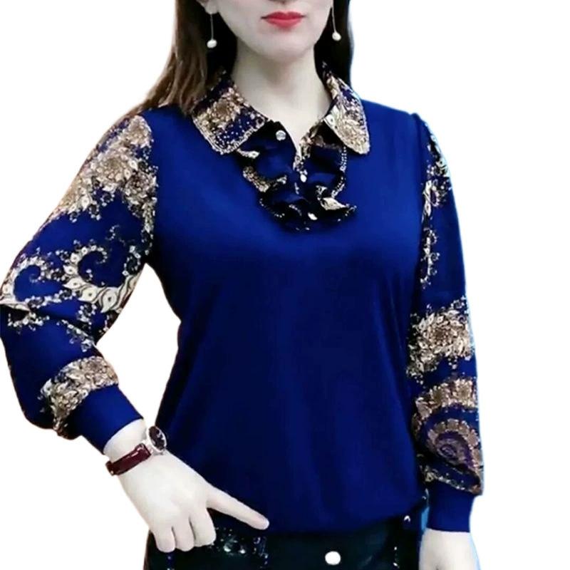 Повседневная винтажная рубашка с принтом для поездок на работу, воротник Питер Пэн, пуговицы, весна-осень, женская одежда, модная свободная блузка с оборками