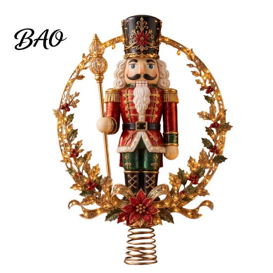 Decorative Ornament for Tree Top Lighted Christmas Topper, Illuminated Santa Claus Gingerbread Nutcracker Treetop Gold Silver Red Topper with