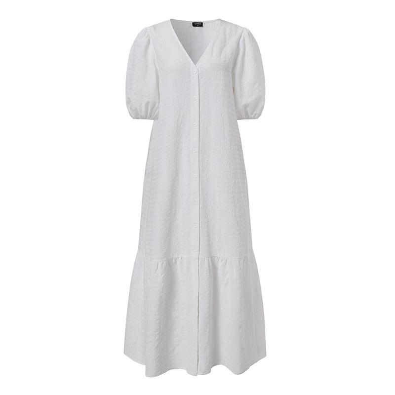 Summer Woven Solid Color V-neck Button Pleated Loose Casual Dress