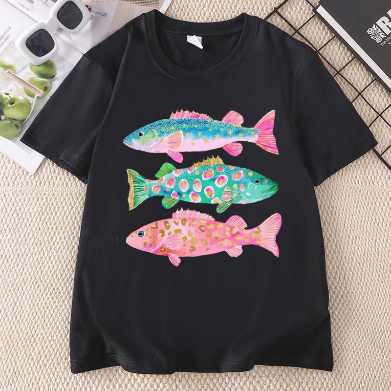 Preppy Fish Tshirt Unisex Summer Coastal Fish Beach Tshirts Causal Round Neck Printed Short Sleeve T Shirts Unisex Tops