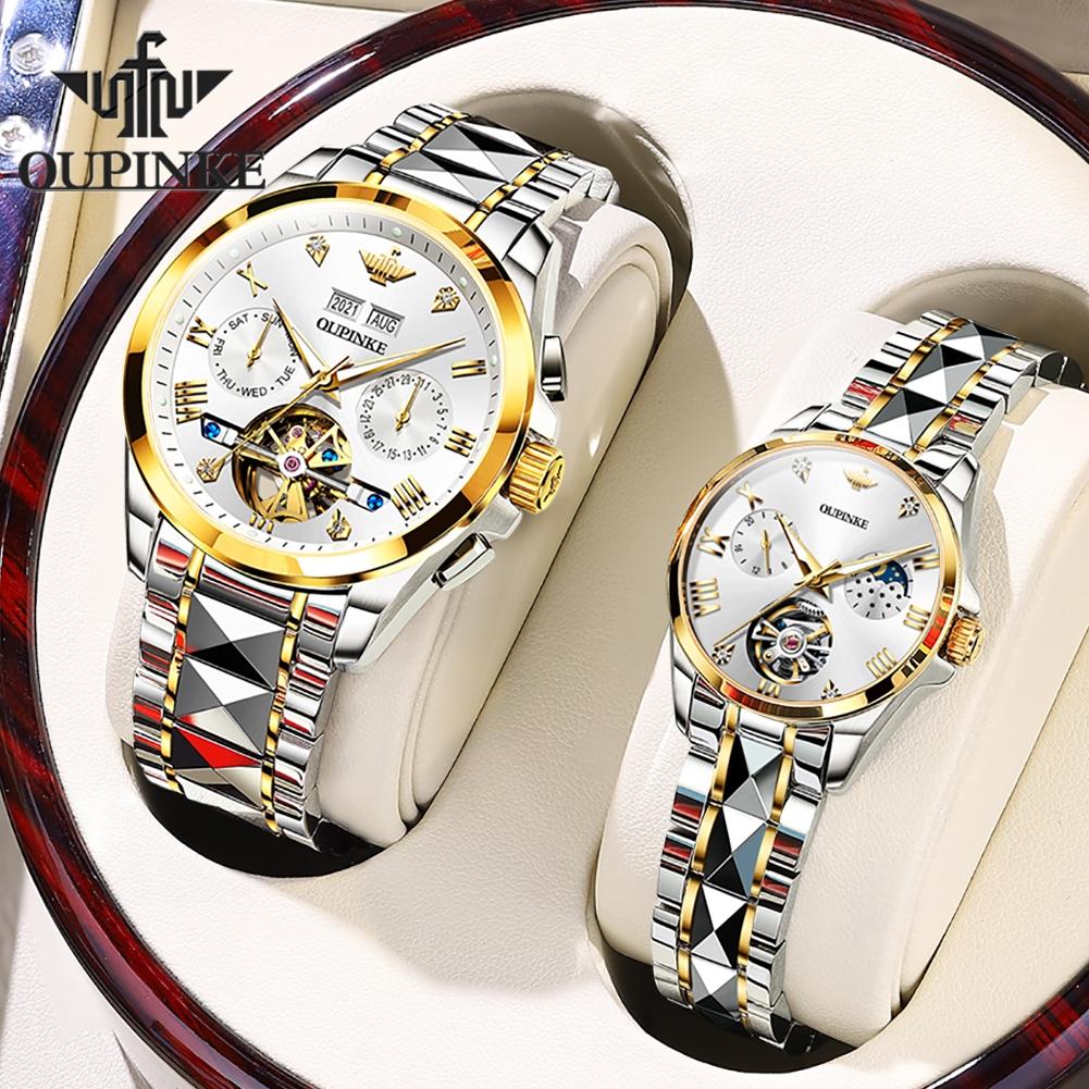 OUPINKE Official Genuine Couple Watches for Men Women Tungsten Steel Skeleton Flywheel Automatic Mechanical Watch Set for Lovers