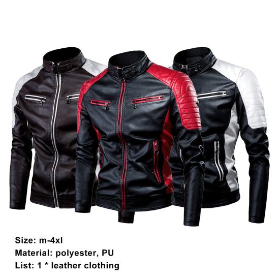 Men Coat Contrast Colors Stand Collar Motor Slim Vintage Classic Faux Leather Jacket for Biker