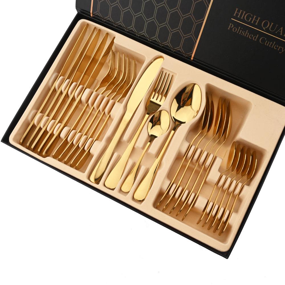 24 шт. Золотой набор столовых приборов с подарочной коробкой Ножи из нержавеющей стали Вилки Ложки Посуда Набор столовых приборов Зеркальные столовые приборы Столовые приборы для свадьбы