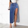 Women Maxi Skirt High Waist Side Slit Design Denim Skirt Solid Color Washed Long Skirt Button Zipper Closure Skirt with Pockets