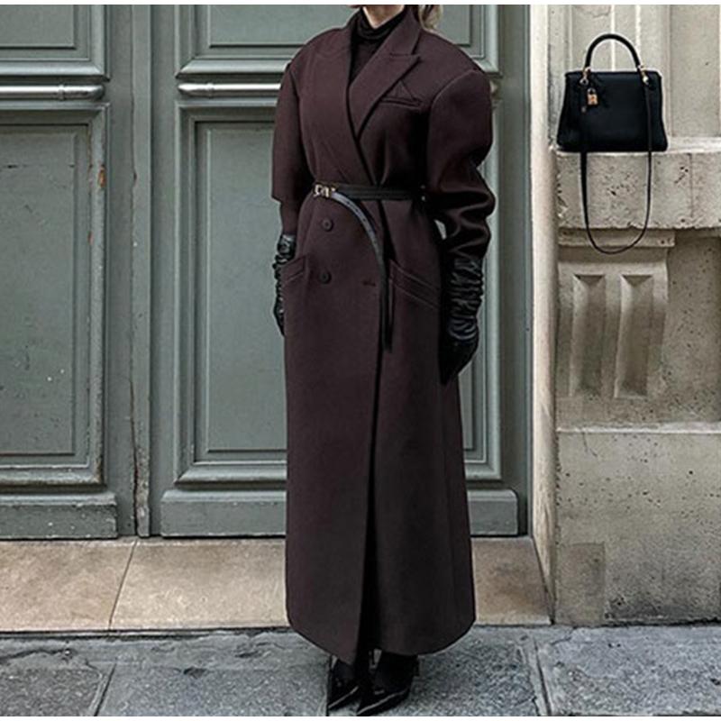 Модное женское пальто с отложным воротником и карманами, длинный рукав, длинное двубортное пальто, осень-зима, новая женская куртка