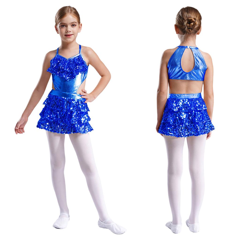 Girls V Neck Sleeveless Dance Dress Tiered Ruffle Sequins Cutout Back Stage Performance Costume