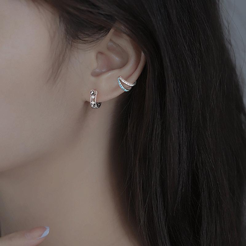 Двухслойные голубые бриллиантовые клипсы для ушей без пирсинга ушей, популярные темпераментные хипстерские цветные бриллианты в форме буквы С, двухрядные клипсы для ушей