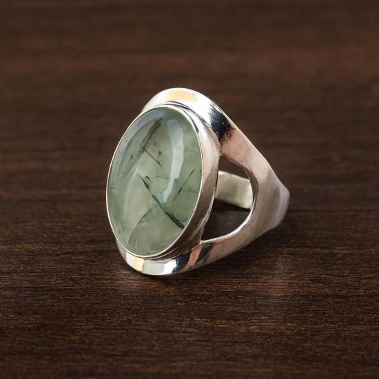 Handmade Oval Prehnite Ring, 925 Sterling Silver, Boho Statement Bold Jewelry for Men's