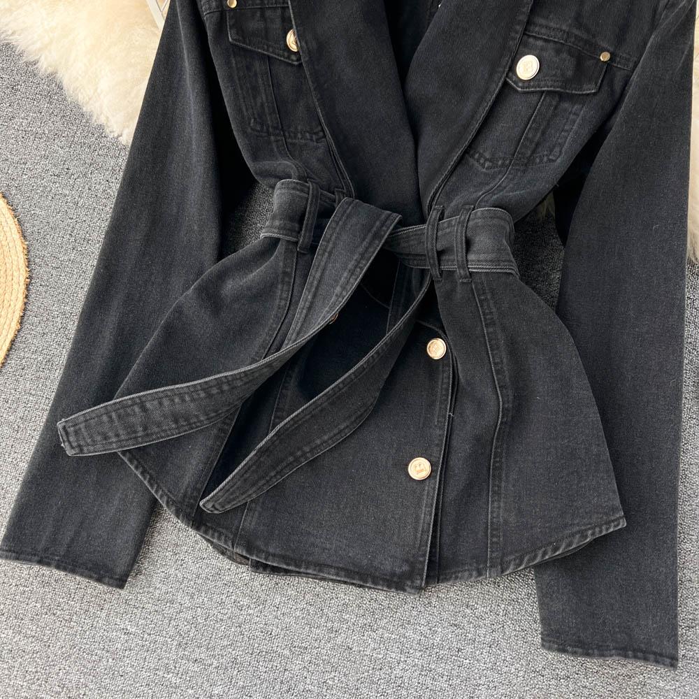 Осенняя новая корейская версия двубортной джинсовой куртки с тонким поясом на талии и краем листа лотоса с v-образным вырезом