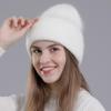 Women Autumn Winter Versatile Rabbit Hair Warm Knitted Wool Solid Color Pullover Hat
