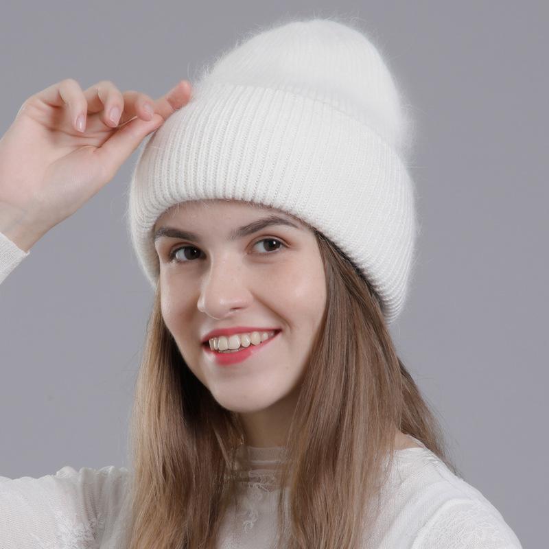 Women Autumn Winter Versatile Rabbit Hair Warm Knitted Wool Solid Color Pullover Hat