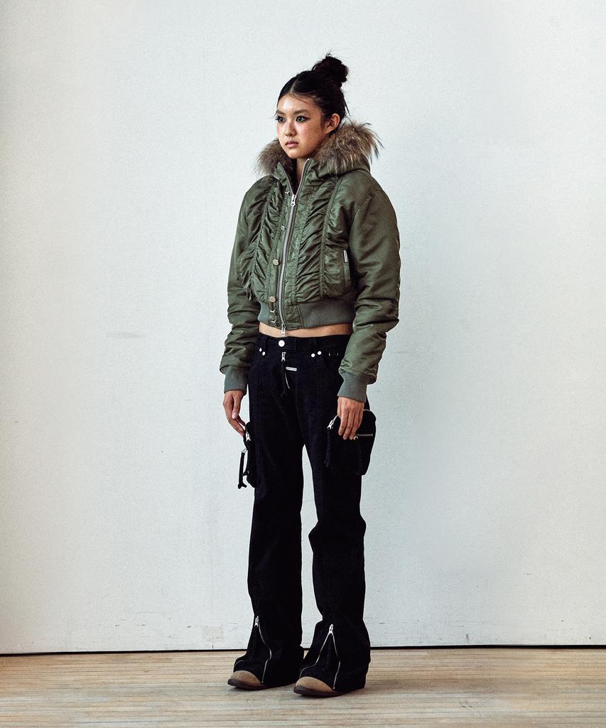 Thevinylhouse Fur Hooded Ma-1 Jacket Khaki