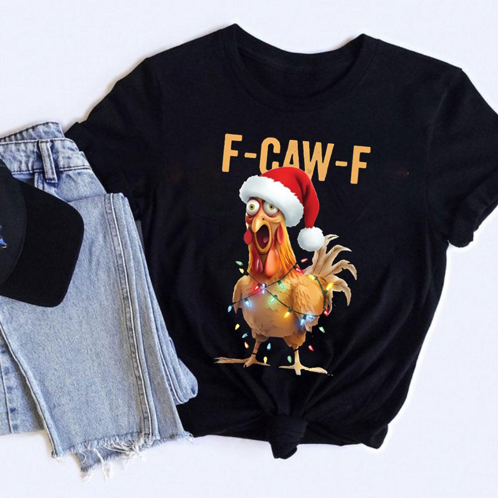 Funny Christmas Rooster UnisexS TShirt Black Short Sleeve with FCAWF Text Rooster in Santa Hat with Lights Festive Clothing