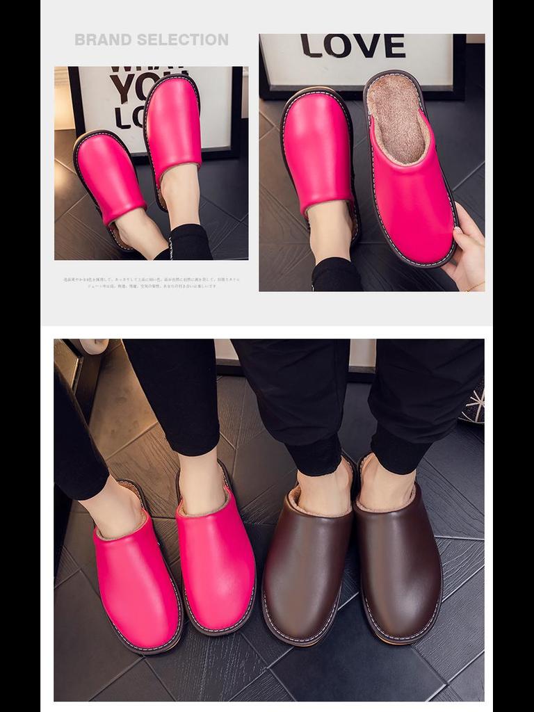 Водонепроницаемые кожаные шлепанцы слипоны с теплой плюшевой подкладкой для пар