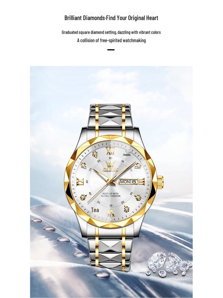 Мужские светящиеся водонепроницаемые кварцевые часы Oulishi 2025 с зеркалом в форме бриллианта