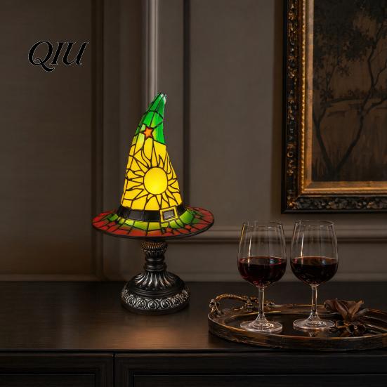 Halloween Desk Decor Stained Glass Witch Hat Lamp, Table Lamp with Inline Switch, USB Powered Small Bookshelf Accent Light Style for Bedroom
