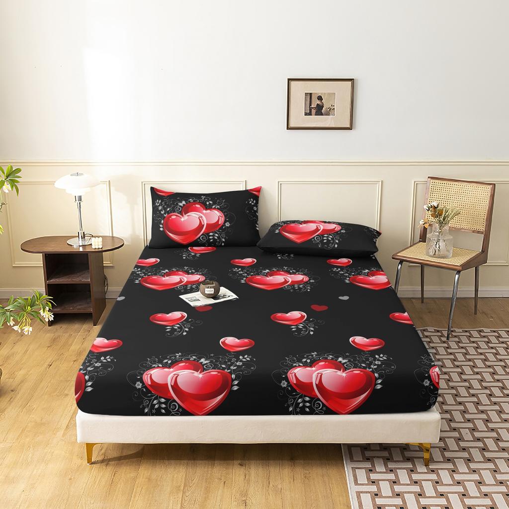 3pcs Fitted Sheet Set,Romantic Valentine'S Day Peach Heart Print Bedding, Love Printed Fashion Classic Soft And Comfortable