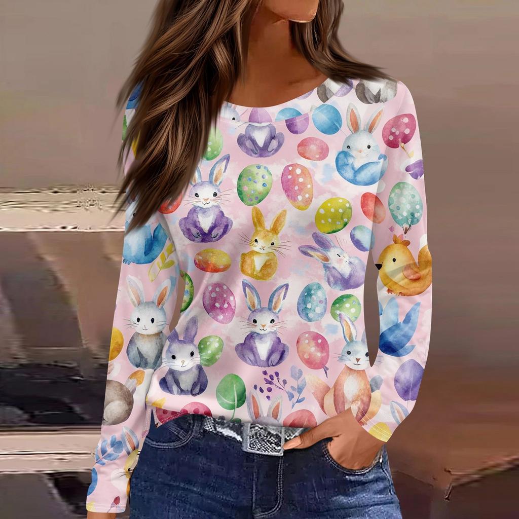 Женская модная повседневная свободная футболка с принтом и круглым вырезом с разрезом и длинным рукавом, женский топ