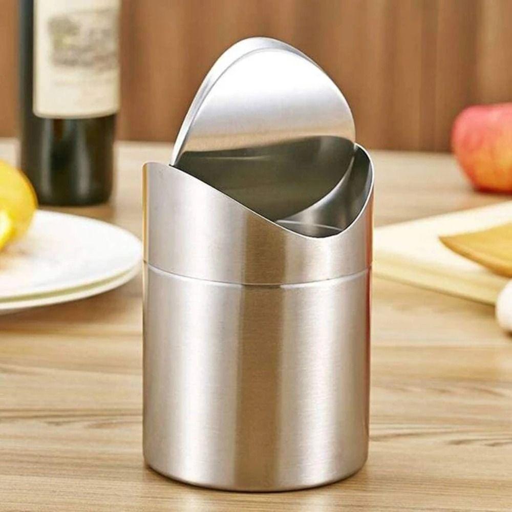 Dust-proof Mini Flip Trash Can Stainless Steel Desktop Dumpster Pen Holder Desktop Trash Can Car