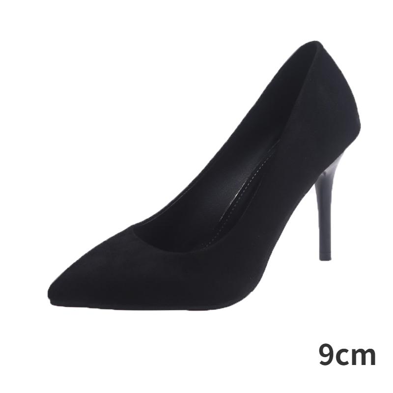 2024 Поступление Корейские Лаконичные Острые Носки Офисные Туфли Женские Модные Классические Черные Однотонные Туфли Из Флока На Высоком Каблуке Для Женщин
