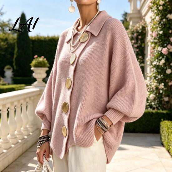 Lantern Sleeve Sweater Women Oversized Knit Top with Collared Cardigan Sweater Large Metal Buttons Loose Casual for Spring Autumn Everyday Apparel