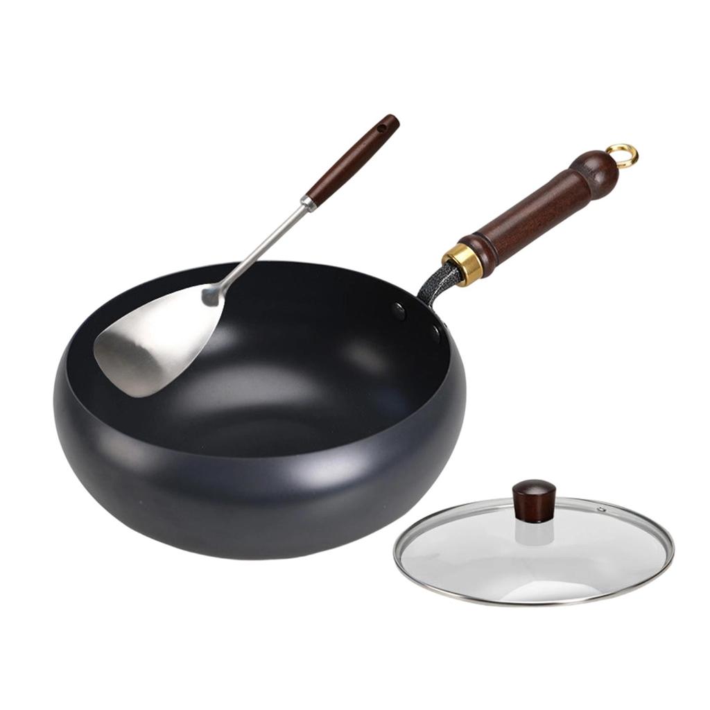 Chinese Fry Pan Boiling Gas Ergonomic Handle Spade with Lid Flat Bottom for Restaurant Home Kitchen