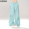 VONDA Women Summer Elastic Waist Drawstring Tie Solid Color Pants