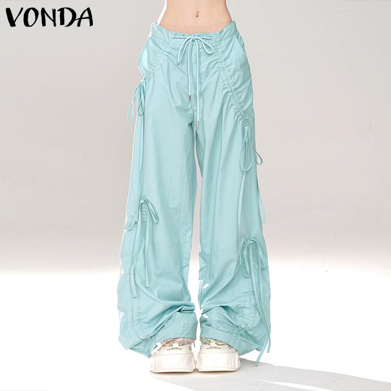 VONDA Women Summer Elastic Waist Drawstring Tie Solid Color Pants