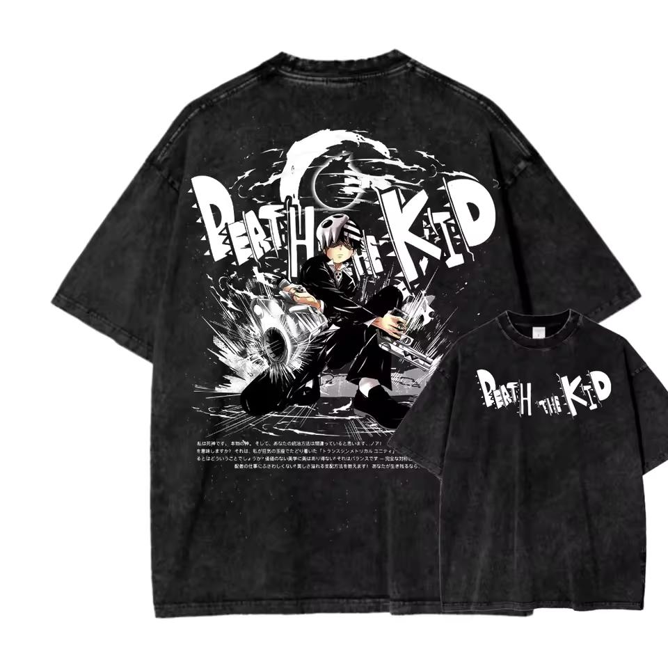 Soul Eater Death The Kid Graphic T-shirt Vintage Washed Anime Merch Harajuku Unisex Oversized Crew Neck Cotton Short Sleeve Tops