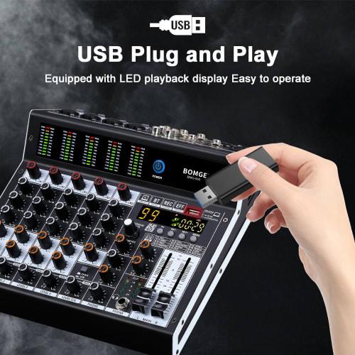 BOMGE Pro Mixer 6-Channel Mixer Console with 99 DSP Effects, +48V Phantom, Bluetooth, USB Interface, 2 AUX, and FX Processor for Studio Recording and