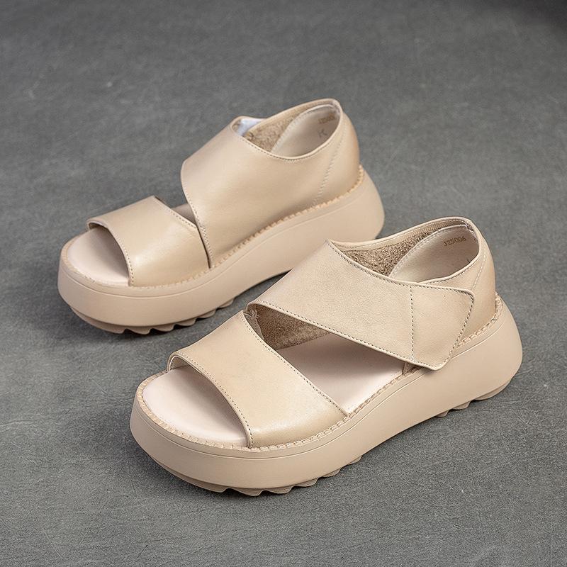 Women Sandals Thick Sole Peep Toe Platform Shoes Genuine Leather Vintage Comfortable Sandals