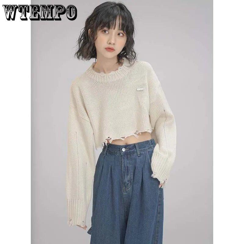 Cropped Knitted Pullovers Women Long Sleeve O-Neck Short Sweaters Girl's Solid Color Casual Irregular Jumpers Streetwear