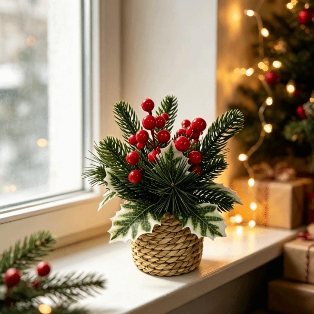 Potted Artificial Christmas Plant Woven Basket Christmas Mini Potted Plant Tabletop Ornament