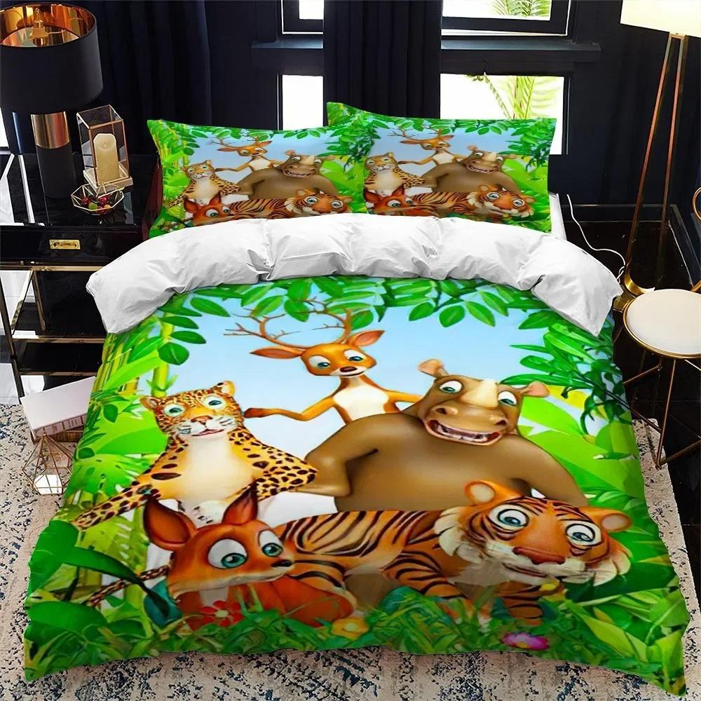 Cartoon Animal Duvet Cover King Queen Zoo Tiger Elephant Lion Bedding Set Kids Colorful Wildlife 2/3pcs Polyester Quilt Cover