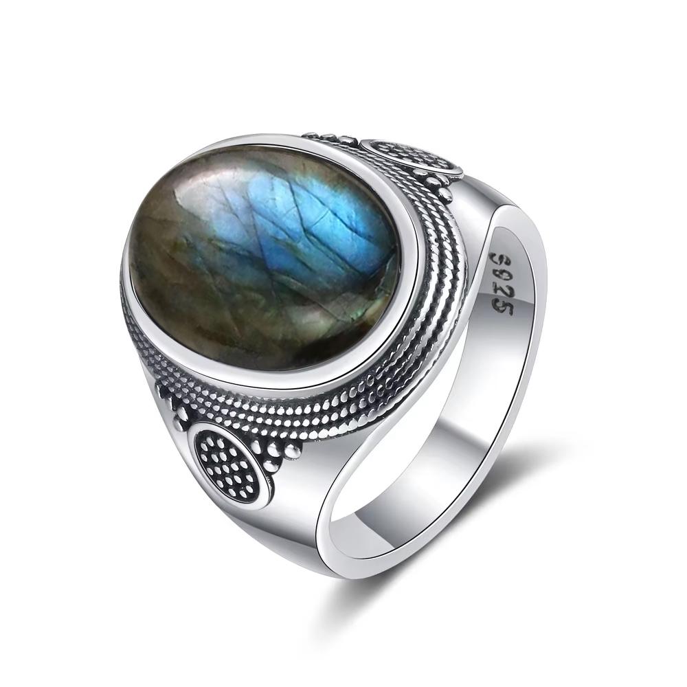 Винтажное кольцо из серебра 925 пробы Кольцо с натуральным лунным камнем 10*14 мм Овальный большой камень Ретро Серебро Тонкое ювелирное изделие Подарок для женщин Мужчин
