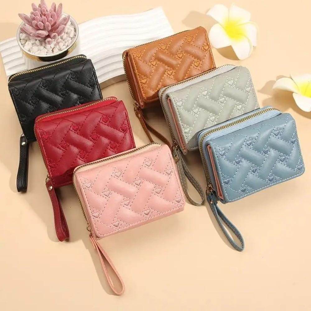 Versatile Embroidered Love Women's Wallet Zipper Buckle PU Leather Card Bag Large Capacity Mini Clutch Ladies