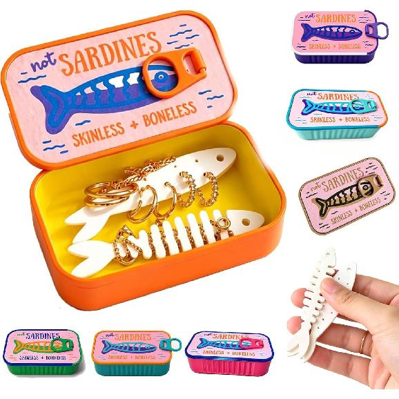 3d Printed Sardines Travel Jewelry Case Tin Like Jewelry Box with Fish-Shaped Holders for Rings, Earrings and Charms Portable Earring Organizer