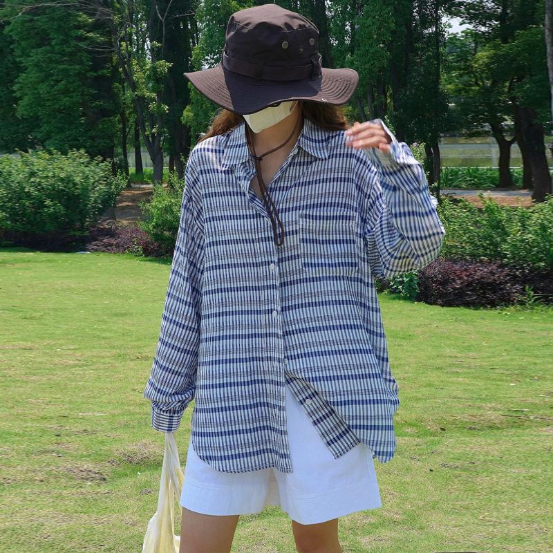 Johnature Japanese Korean Lazy Style Contrast Check Shirt Loose Casual Long Sleeve Sunscreen Tops Women