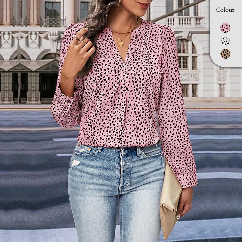 YYFS Женская мода повседневная весна осень леопардовый принт длинный рукав V-образный вырез блузки и рубашки