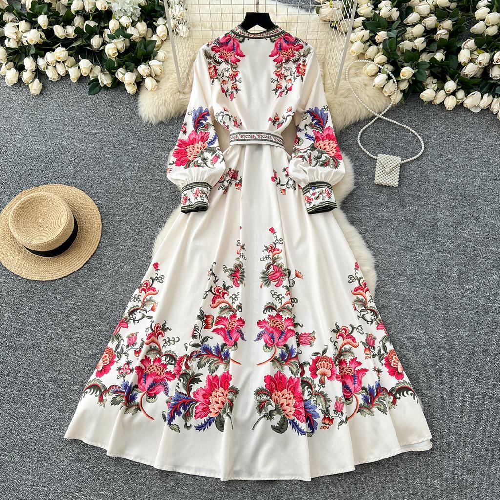 Весенние женские однобортные платья с воротником-стойкой и винтажным принтом, длинные макси, для пляжной вечеринки, с поясом