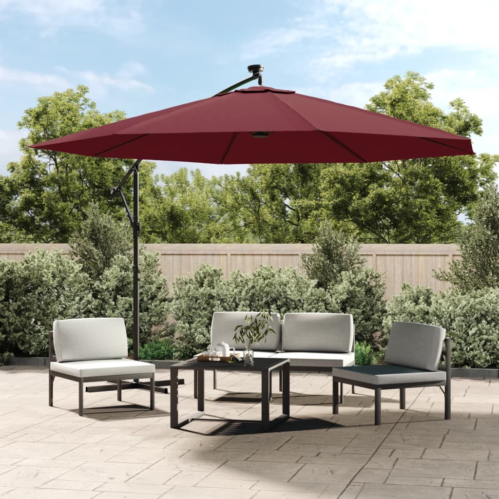 Cantilever Umbrella with LED Lighting Steel Pole Burgundy Red 350 cm