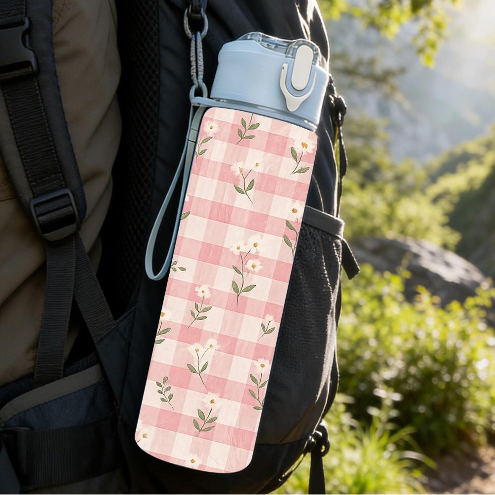 1PC Pink Gingham Plaid Texture Print 750ml Color Plastic Sports Water Bottle Leakproof Flip Straw Lid Suitable for Sports Office Home Use